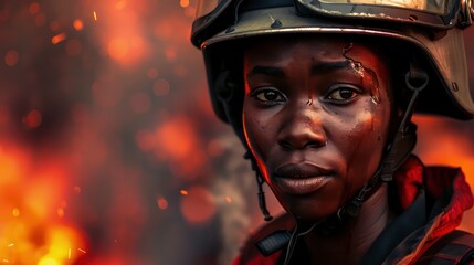 Female African firefighter extinguishing a fire