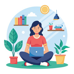 Fototapeta premium A woman sitting on the floor while actively using a laptop computer, Woman sitting at home and taking part in online learning, Simple and minimalist flat Vector Illustration