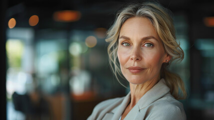 Portrait of a confident mature businesswoman looking at the camera with a subtle smile in a professional setting.
