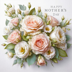 Flowers in pastel tones and neutral background with Happy Mother's Day. AI generated.