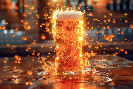 A well-chilled beer mug. The delicious beer you pour overflows, creating bubbles and splashes.