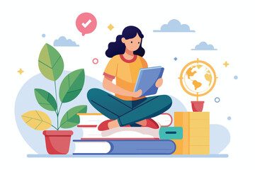 A woman sitting on a stack of books, symbolizing online learning and education, woman sitting on a book with online learning concept, Simple and minimalist flat Vector Illustration