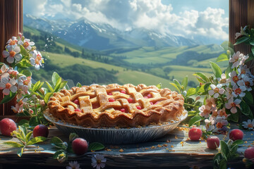 home-baked fruit pie amidst blooming flowers with a pastoral landscape in the background