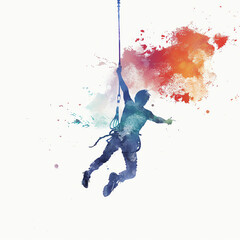 Minimalistic watercolor illustration of bungee jumping on a white background, cute and comical.