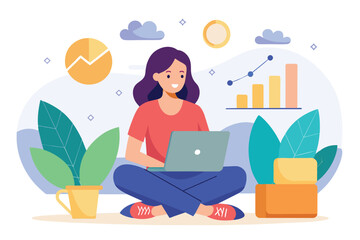 Woman Sitting on Floor Working on Laptop, woman sitting with laptop looking at stock developments, Simple and minimalist flat Vector Illustration