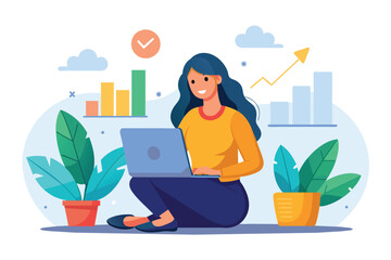 A woman sitting on the floor, focused on her laptop screen, woman sitting with laptop looking at stock developments, Simple and minimalist flat Vector Illustration