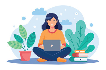 A woman sitting on the floor while using a laptop for online education, woman sitting with laptop,online education concept distance learningconcept flat illustration