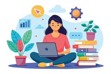 A woman seated on the floor, engaged with her laptop, in a concept of online education or remote work, woman sitting with laptop,online education concept distance learningconcept flat illustration