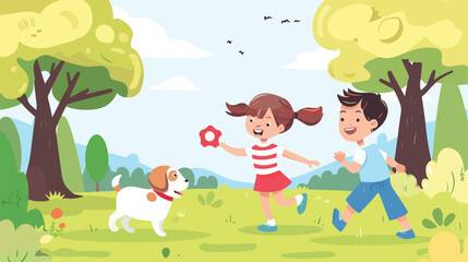 Boy girl and dog play ball in the park. Vector flat 