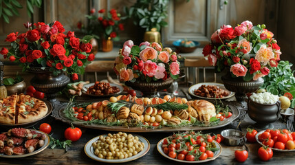 Fototapeta na wymiar lavish arabic celebration feast table with flowers and traditional food