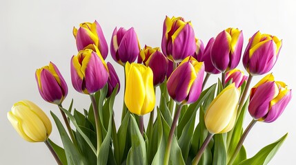 Celebrate Mother s Day with stunning purple and yellow tulips against a crisp white backdrop creating a vibrant spring scene
