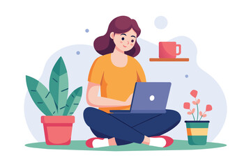 A woman sitting on the floor, using a laptop, woman sitting with laptop while drinking ,online education concept distance learning, Simple and minimalist flat Vector Illustration