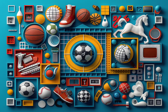 AI 3D illustration. sports . Time to win. Sports betting concept. Logos of Football, basketball, baseball, tennis, field hockey, darts, boxing, F1, Moto GP 