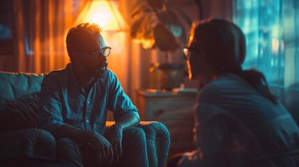 Obraz premium A therapist and client during a counseling session in a dimly lit, intimate setting.