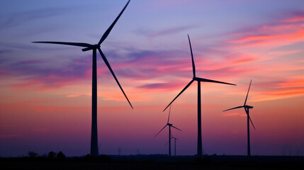 Wind farm landscape against sunset sky. Green energy concept.