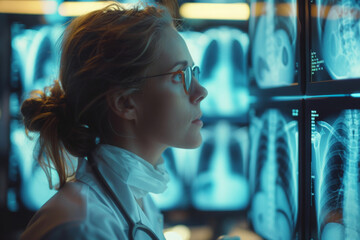 A focused radiologist examines X-ray images on lighted panels in a dark room.