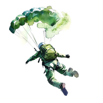 Minimalistic watercolor illustration of base jumping on a white background, cute and comical.