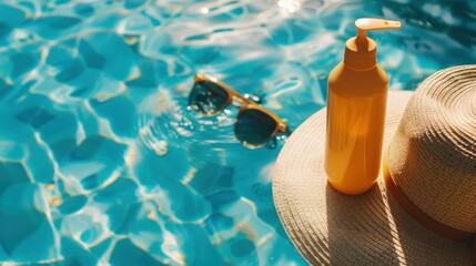 Sun hat, sunscreen, and sunglasses floating on clear blue pool water, suggesting summer leisure and sun protection.