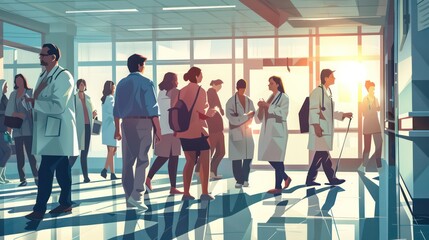 Health and medical concept. Medicine doctor and patients come to hospital background illustration