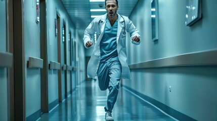 Male doctor running nervously in hospital corridor
