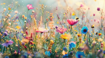 colorful field of wildflowers in full bloom, with bees buzzing and butterflies fluttering among the...