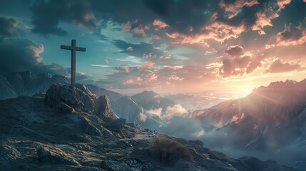 Obraz premium Mountain landscape with cross in the sky