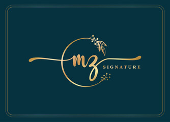 luxury gold signature initial MZ logo design isolated leaf and flower