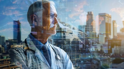 Multiple exposure shot of a mature doctor superimposed on a cityscape - obrazy, fototapety, plakaty
