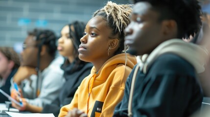 group of students sitting in a classroom, listening attentively to their teacher's lecture and taking notes with focused expressions. - obrazy, fototapety, plakaty