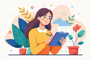 A woman holding a clipboard and writing important notes in a notebook, Woman writing important notes in notebook, Simple and minimalist flat Vector Illustration