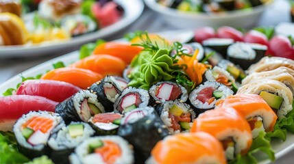 plate of colorful sushi rolls arranged beautifully on a platter, featuring fresh fish, avocado, and crunchy vegetables wrapped in rice and seaweed.