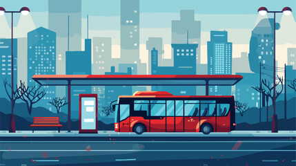 Bus and bus stop on abstract cityscape background. Vector - obrazy, fototapety, plakaty