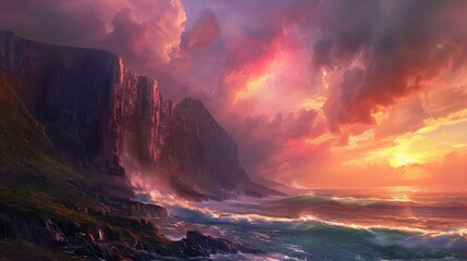 scenic coastal vista with rugged cliffs and crashing waves, under a dramatic sky painted with hues...