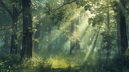 serene forest scene with towering trees and dappled sunlight filtering through the canopy, creating a tranquil and peaceful atmosphere. - obrazy, fototapety, plakaty
