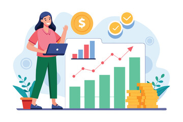 A woman standing in front of a growth chart, analyzing data using a laptop, women analyze data graphs of growth and money earnings, Simple and minimalist flat Vector Illustration