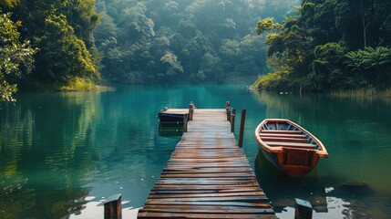 serene lake surrounded by lush forest, with a wooden dock stretching out into the water and a small rowboat moored nearby. - obrazy, fototapety, plakaty
