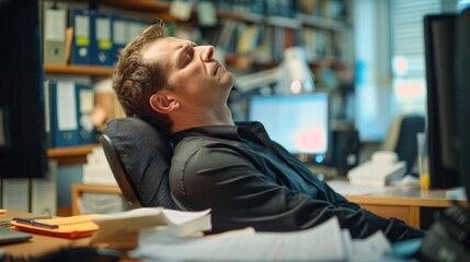 Man appears stressed or tired, leaning back in an office chair with his eyes closed, surrounded by books and computers.