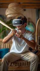 portrait of a man wearing a virtual reality headset standing in a living room and holding a baseball bat