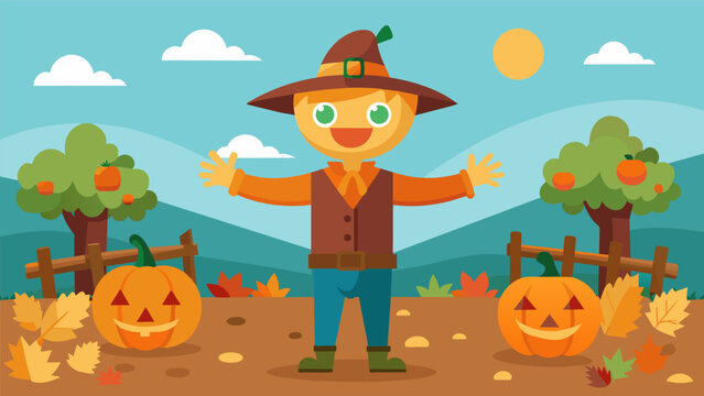 A friendly scarecrow greets the guests and poses for photos as they explore the pumpkin patch picking out their own pumpkins to take home and