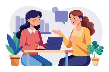Two women engaged in a business discussion while sitting at a table with a laptop, Women are talking about business, Simple and minimalist flat Vector Illustration