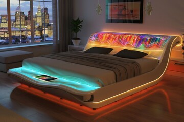 Health Focused Design in Enhanced, Queen-Sized Bedroom Aesthetics: Sleek Interiors Meet Adaptive Atmospheric Lighting for Restful Sleep.