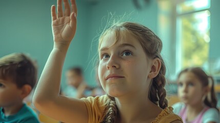 young girl raising her hand to ask a question in class, eager to participate and learn from her teacher's explanation.