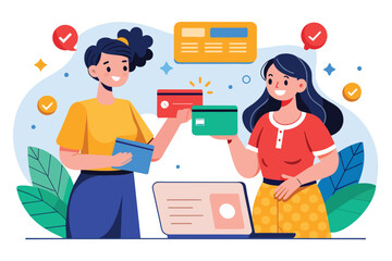 Two women standing next to each other, making payment transactions using a bank credit card, women make payment transactions using bank credit cards, Simple and minimalist flat Vector Illustration