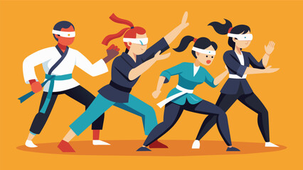 Fototapeta na wymiar A class of martial arts students practicing their moves blindfolded learning how to rely solely on their senses and strategic thinking in a