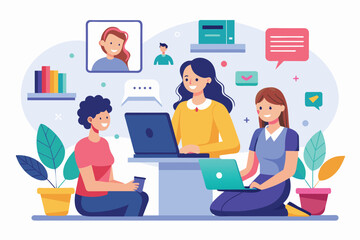 Fototapeta premium Group of People Sitting Around a Laptop, women online video communication with the concept of discussing or studying remotely, Simple and minimalist flat Vector Illustration