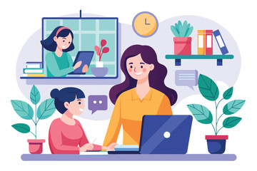 Woman Sitting at Desk With Laptop Computer, women online video communication with the concept of discussing or studying remotely, Simple and minimalist flat Vector Illustration