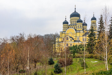 Hincu Monastery in the Republic of Moldova. Background with selective focus and copy space - obrazy, fototapety, plakaty