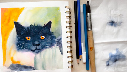 Watercolor sketch of black cat on paper. Aquarelle fluffy kitty in sketchbook. Hand drawn watercolour illustration of feline creature. Soft focus. film grain pixel texture. Defocused.