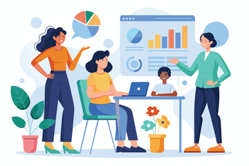 A diverse group of colleagues standing around a table, focusing on a laptop displaying data analysis, women present analysis data to colleagues, Simple and minimalist flat Vector Illustration