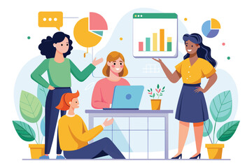A diverse group of people standing around a table, focused on analyzing data on a laptop screen together, women present analysis data to colleagues, Simple and minimalist flat Vector Illustration